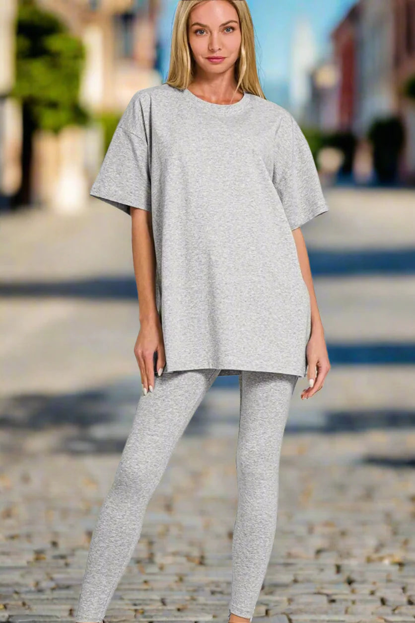 Zenana Cotton Round Neck Top & Legging Set