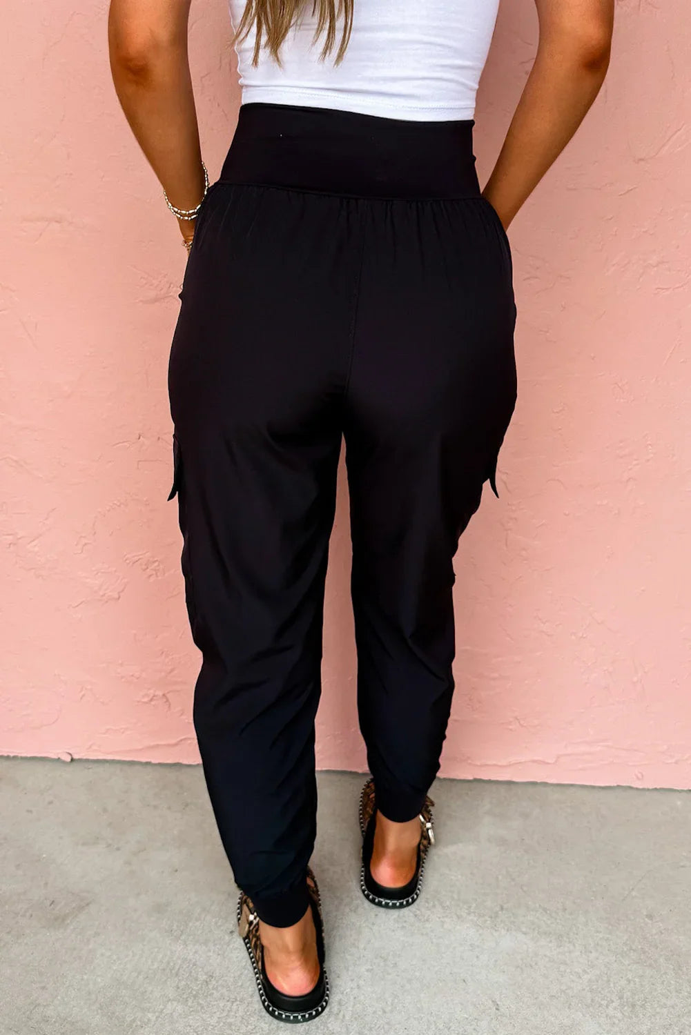 Black Elastic High Waist Pocketed Cargo Jogger Pants