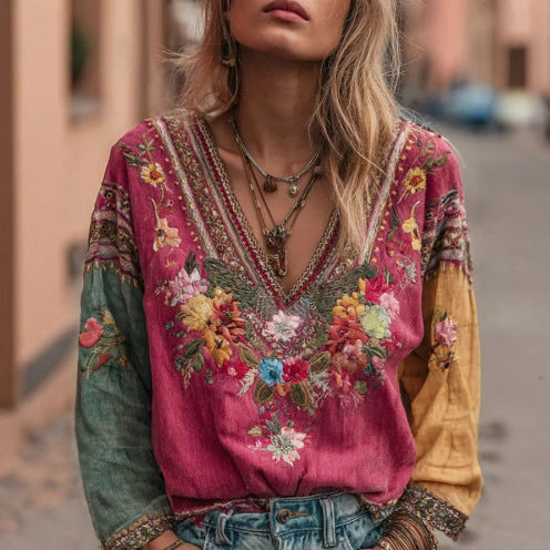 Women's Casual Vintage Bohemian V-neck Top With Ethnic-style Long Sleeves