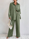 Women's Pleated Long Sleeve Lapel Two-Piece Set – Loose Top & Pants