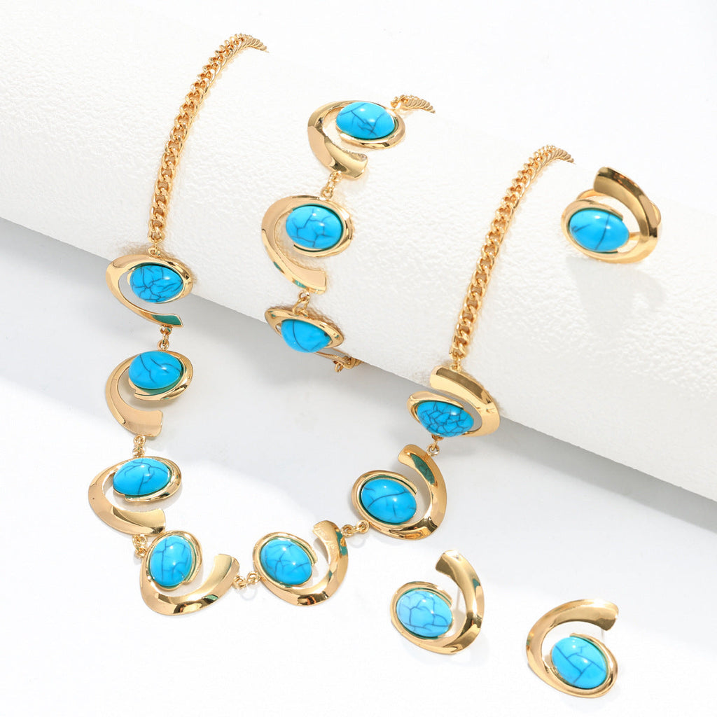 Inlaid Turquoise Spiral Earrings Necklace Bracelet Ring Set