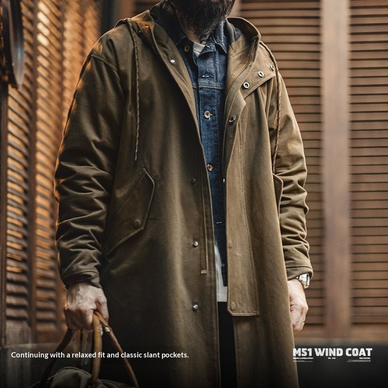 Military Style Brushed Fleece Hooded Windbreaker Loose Pure Cotton Mid-length Coat For Men Autumn