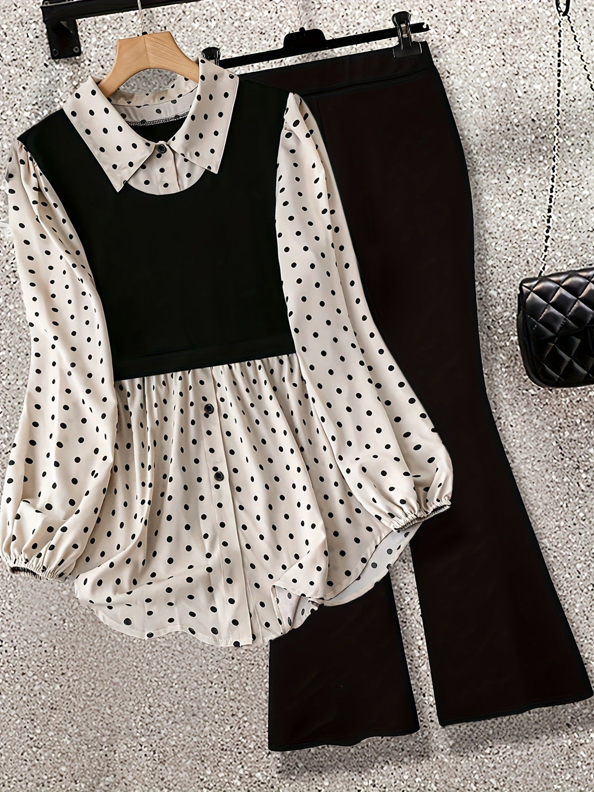 Polka Dot Patchwork Fake Two-piece Long-sleeved Shirt Leggings
