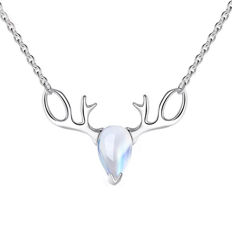 S925 Elk Necklace Forest Moonstone Pendant Clavicle Chain