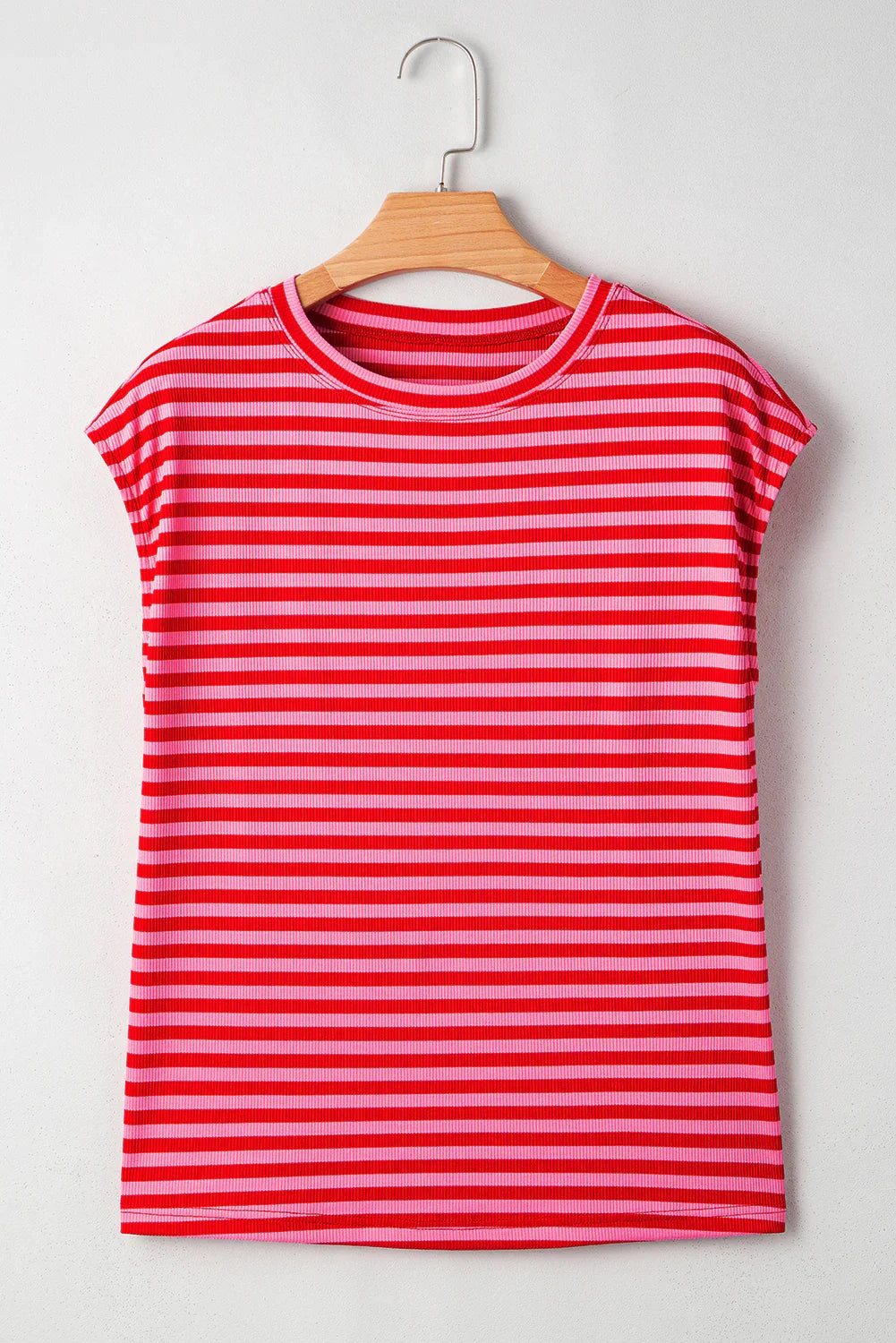 Black Stripe Ribbed Cap Sleeve Round Neck T Shirt
