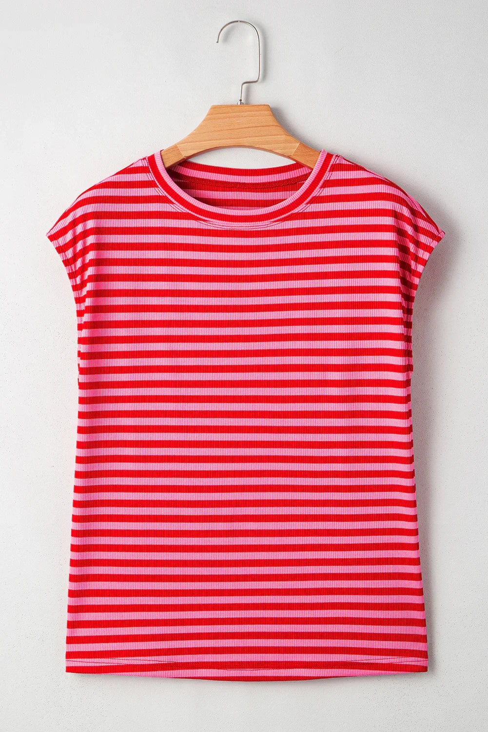 Black Stripe Ribbed Cap Sleeve Round Neck T Shirt