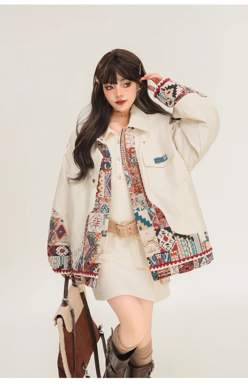 Jacquard Splicing Motorcycle PU Leather Jacket