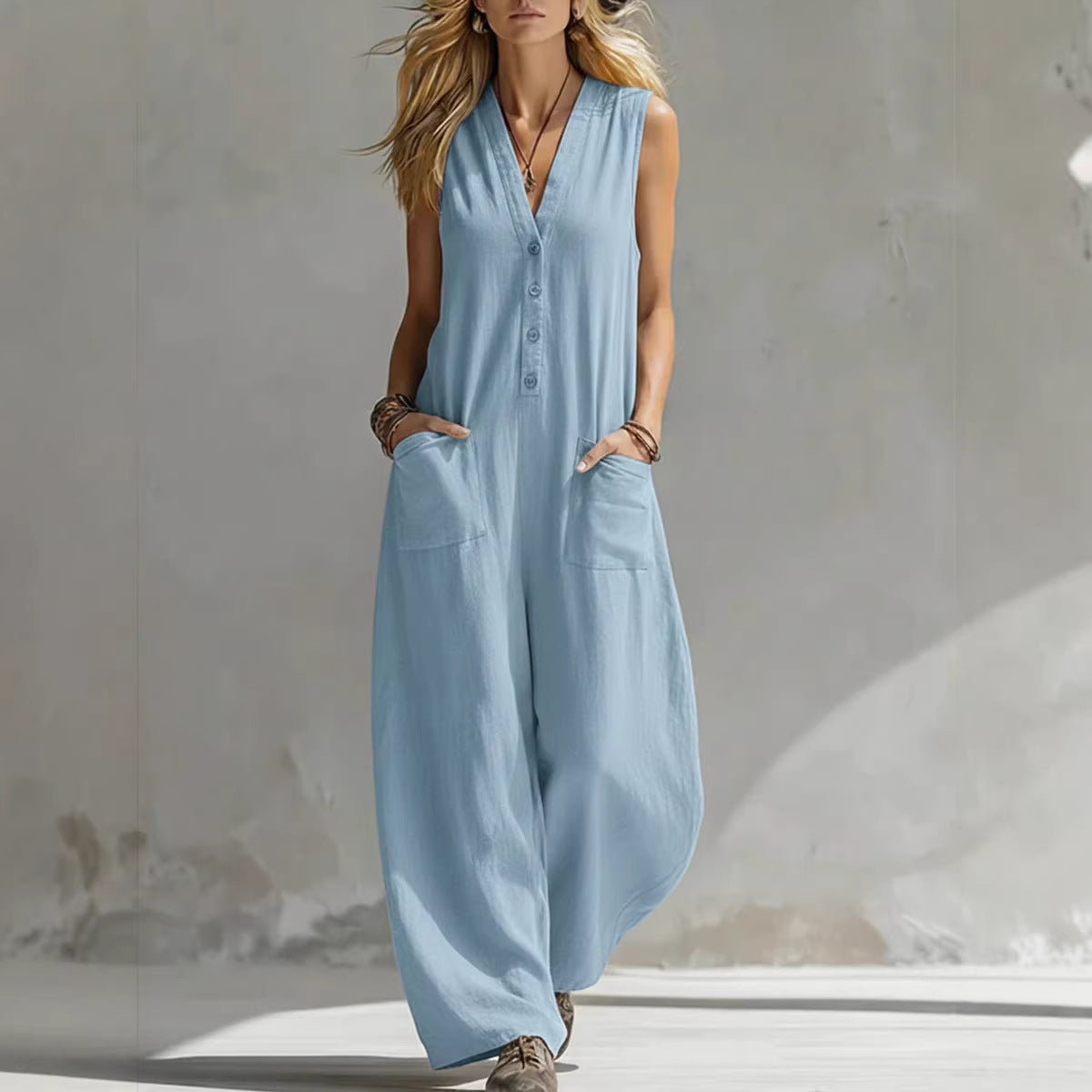 SpringSummer Womens Casual Linen-Cotton Sleeveless Jumpsuit