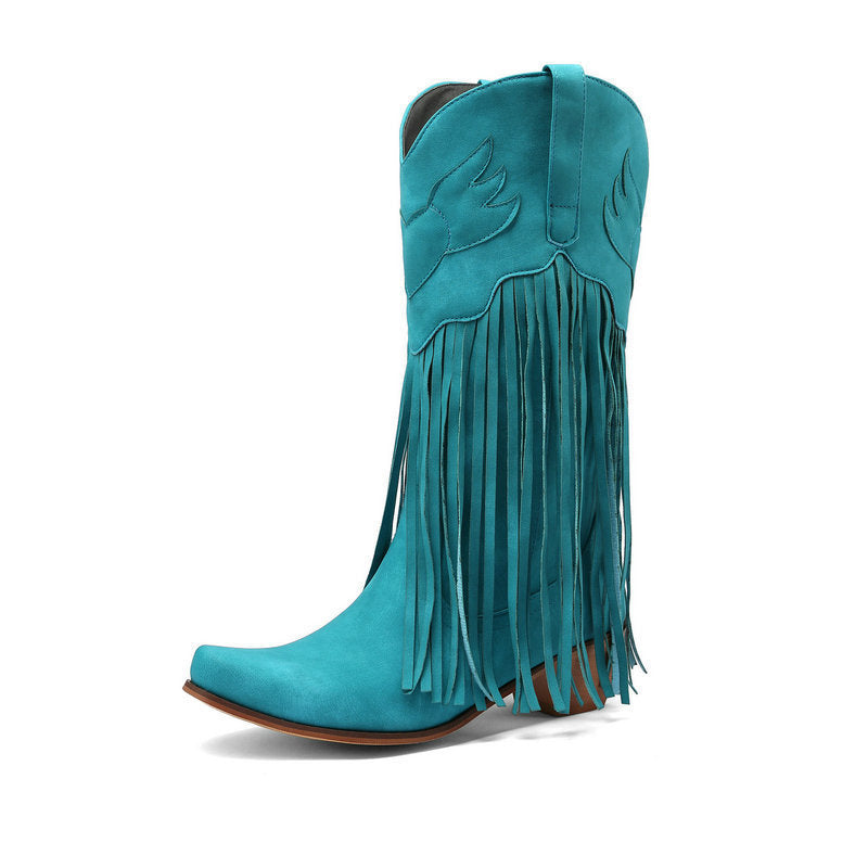 Womens Retro Mid-Calf Chunky Heel Round-Toe Boots