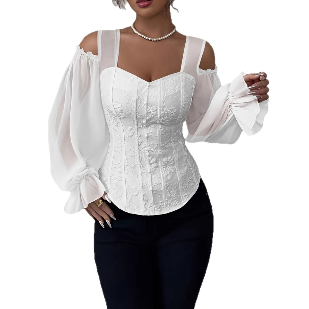 Elegant Off-Shoulder Floral Jacquard Blouse For Women
