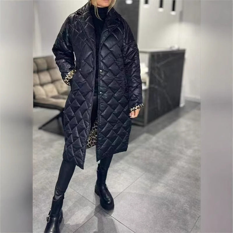 Winter Rhombus Stitching Coat Warm Solid Color Pocket Lapel Long Jacket Women's Clothing