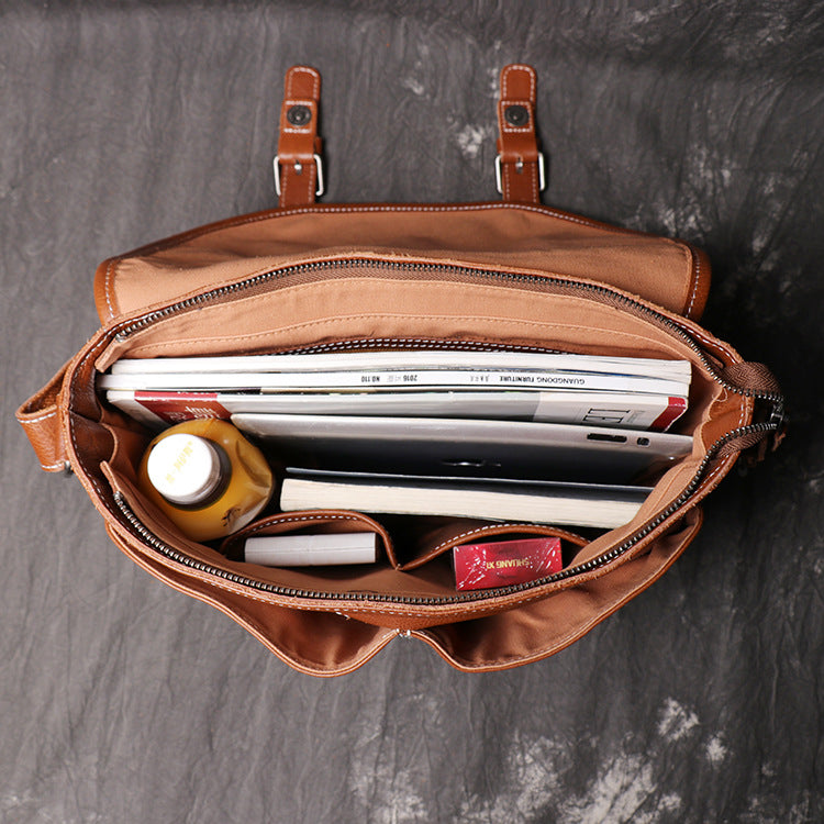 Mens Full-Grain Leather Large-Capacity Shoulder Bag