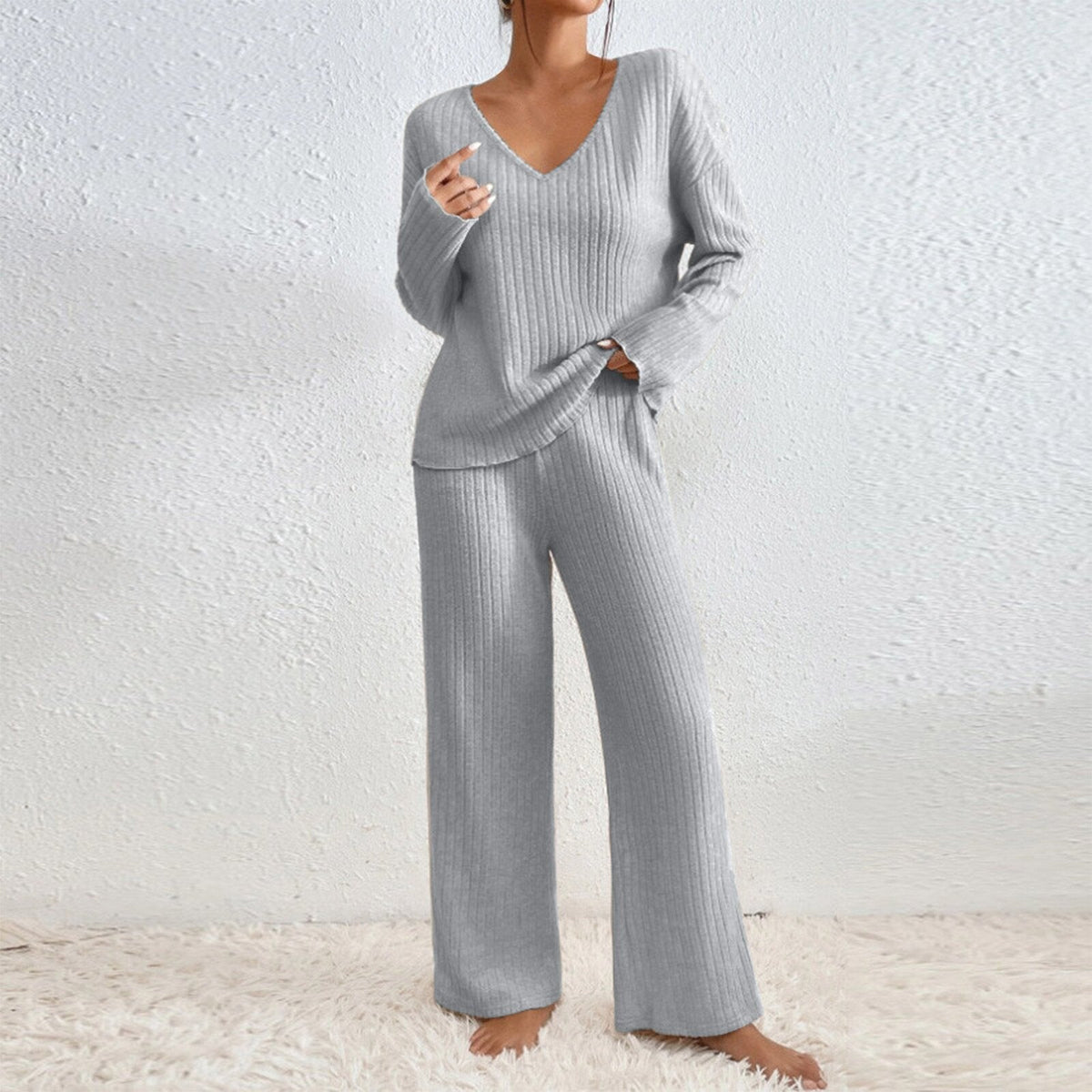 Long Sleeve V-neck Knitted Sunken Stripe Brushed Loose Leisure Suit