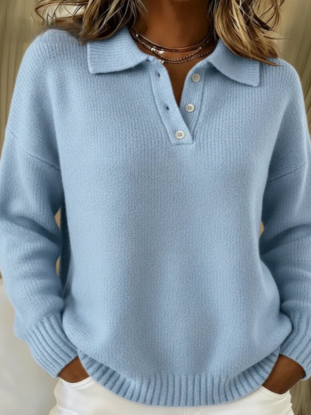 Loose And Soft Women's Lapel Long Sleeve Button Sweater