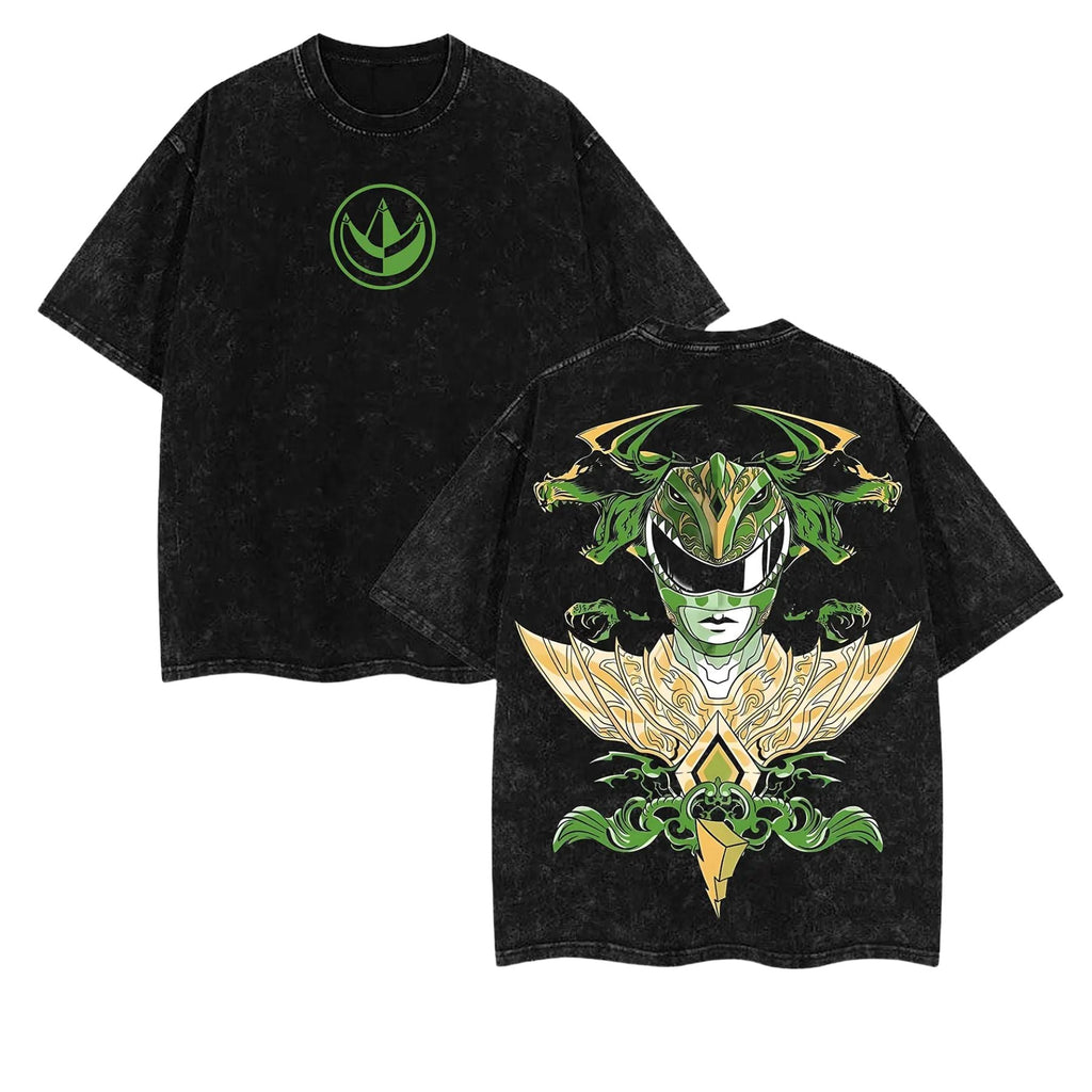 Mighty Morphin Power Rangers T-Shirt – Green, White, Red Ranger Washed Cotton Tee