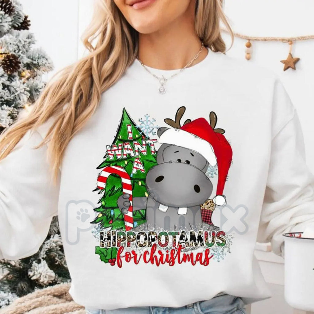 I Want a Hippopotamus for Christmas Sweatshirt | Cute Nostalgic Holiday Song Jumper | Funny Hippo Xmas Crewneck Gift