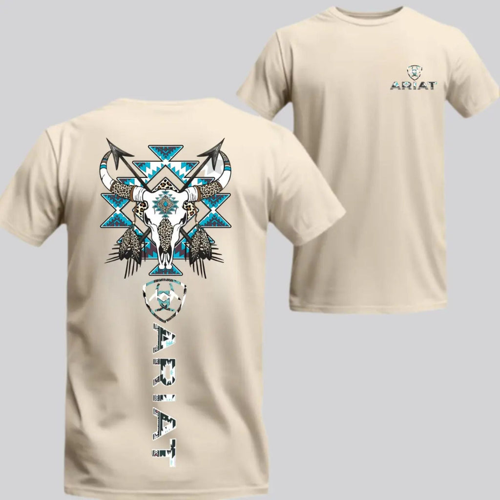 Ariat Western Bull Skull T-Shirt - Tribal Graphic with Turquoise Accents, Rodeo Style Gift Tee