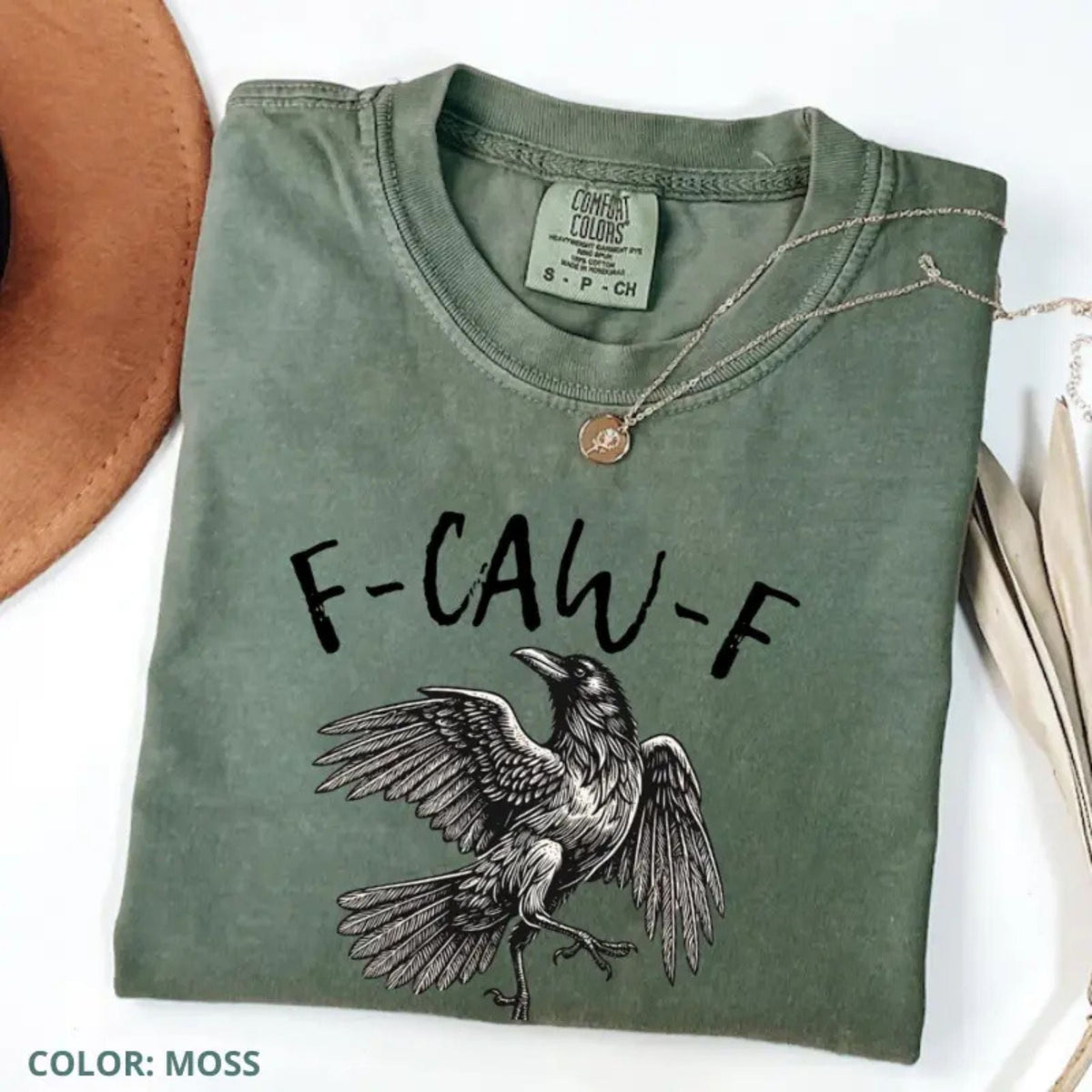Comfort Colors F-Caw-F T-Shirt – Funny Raven Crow Halloween Tee, Fall Shirt, Women’s Printed Short Sleeve Shirt