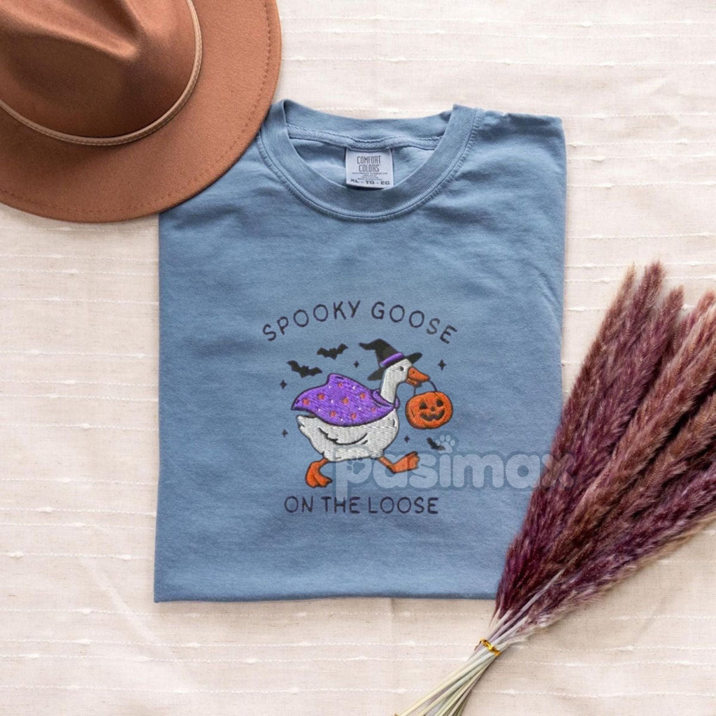 The Ghostly Goose Embroidered Comfort Colors® T-Shirt – Quirky Halloween Goose Tee