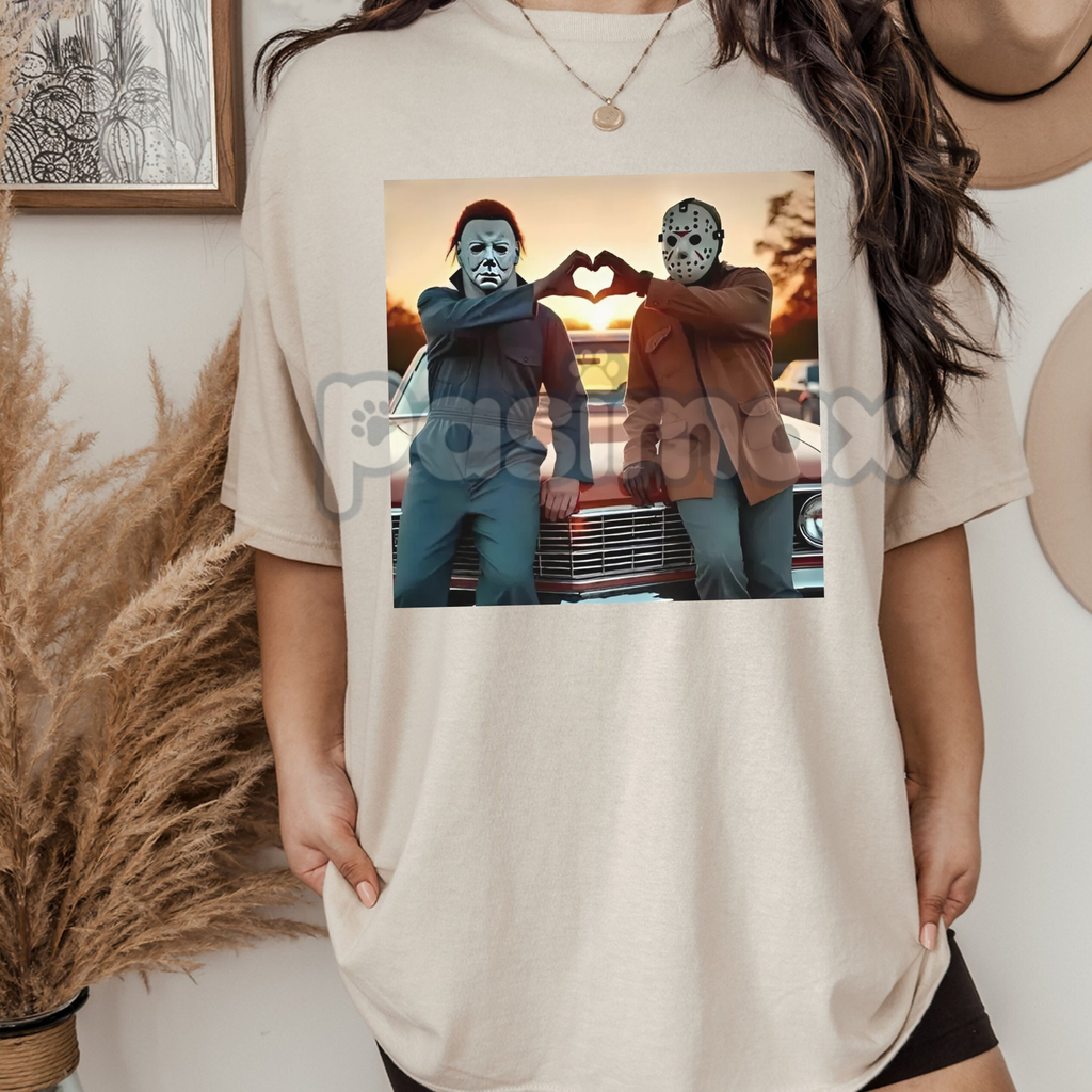 "Heart Hands But Make It Horror" T-Shirt - Funny Michael & Jason 90s Retro Meme Tee, Unisex Halloween Slasher Shirt