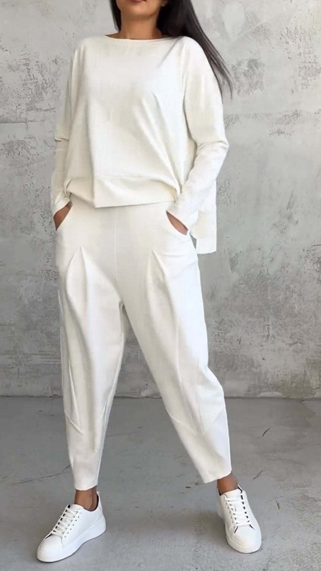 Women's Irregular Suit Long-sleeved Round Neck Top And Loose Harem Pants With Pockets Ins Fashion Trousers Set Women's Clothing