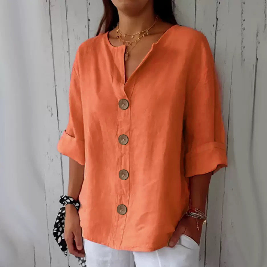 Loose-fit Women's V-neck Cotton-Linen Button T-shirt Top