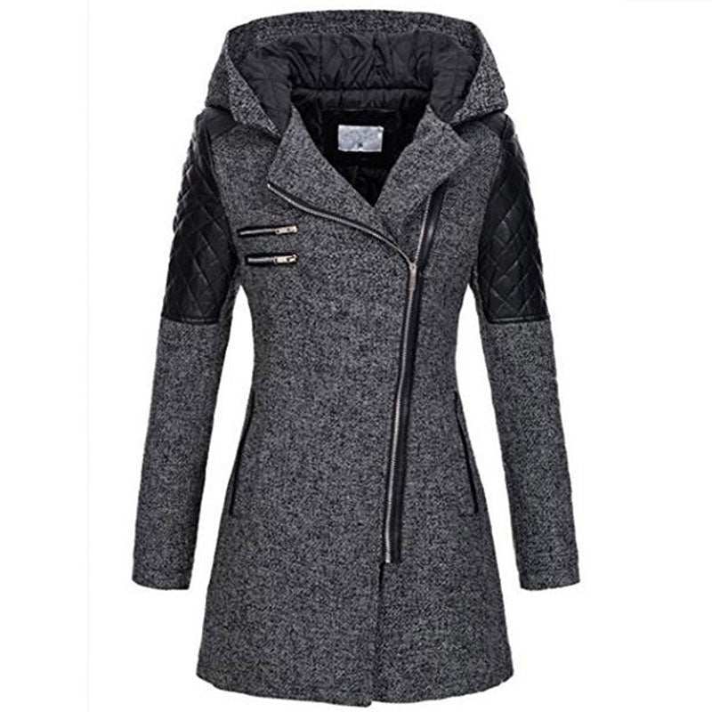 Women Warm Slim Full Zipper Coat Thick Woolen Coat Female Fall Winter Windbreaker Hooded Diagonal Zipper Women's Clothing