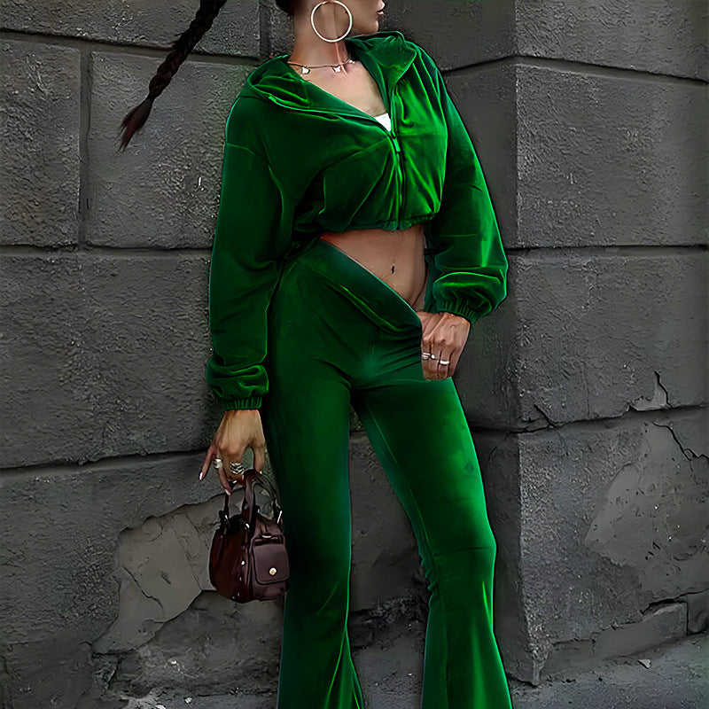 Women's Autumn New Casual Velvet High-Waist Top And Flared Pants Two-Piece Set