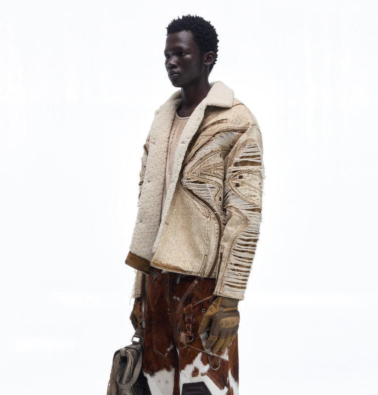 Ravaged And Distressed Apricot Lambswool Denim Jacket