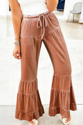Straw Yellow Mineral Wash Lace-up High Waist Tiered Flared Pants