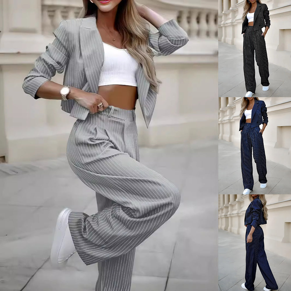 Women's Spring Fashion Striped Suits Casual Lapel Long Sleeve Cropped Top And Straight Pants Outfits Women's Clothing