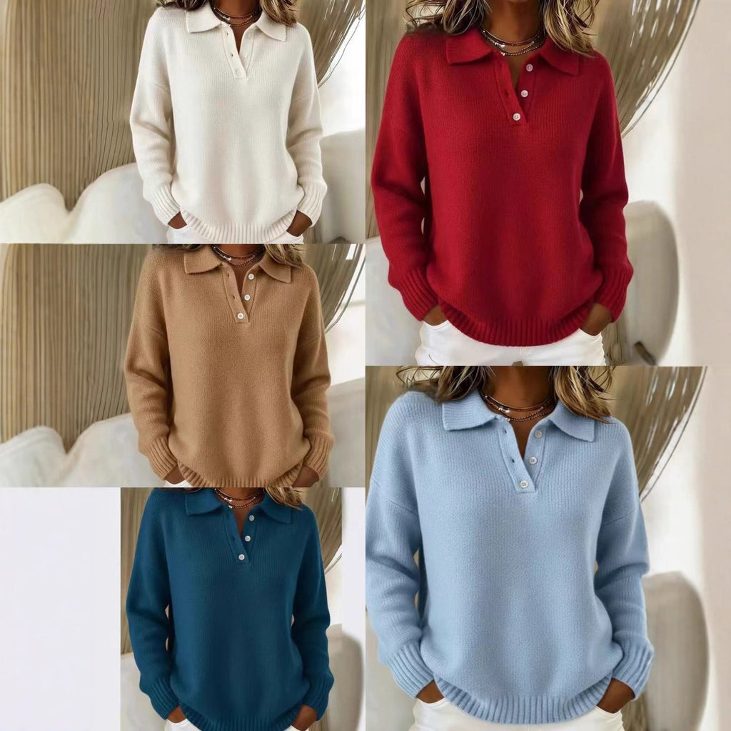 Loose And Soft Women's Lapel Long Sleeve Button Sweater