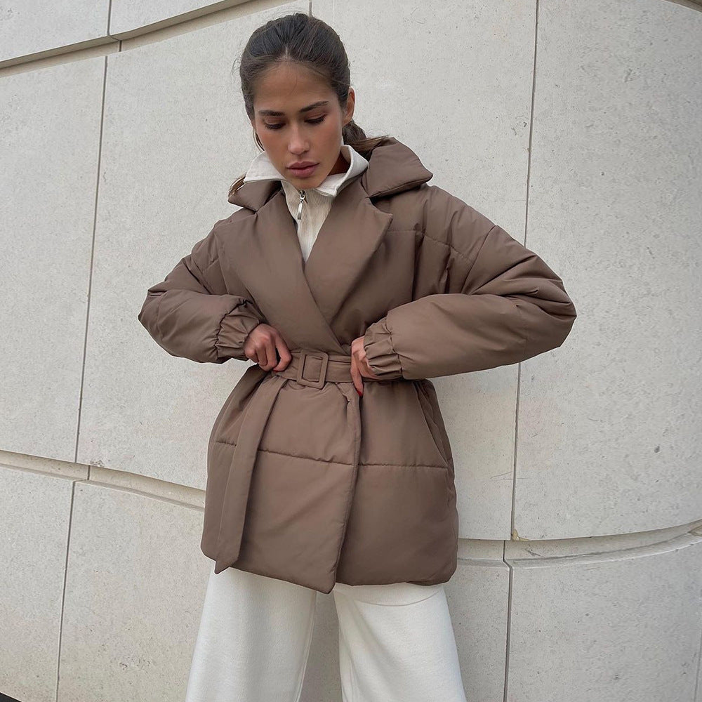 New Thickened Slimming Cinched Cotton-padded Coat Solid Color Belt Cotton Coat Jacket