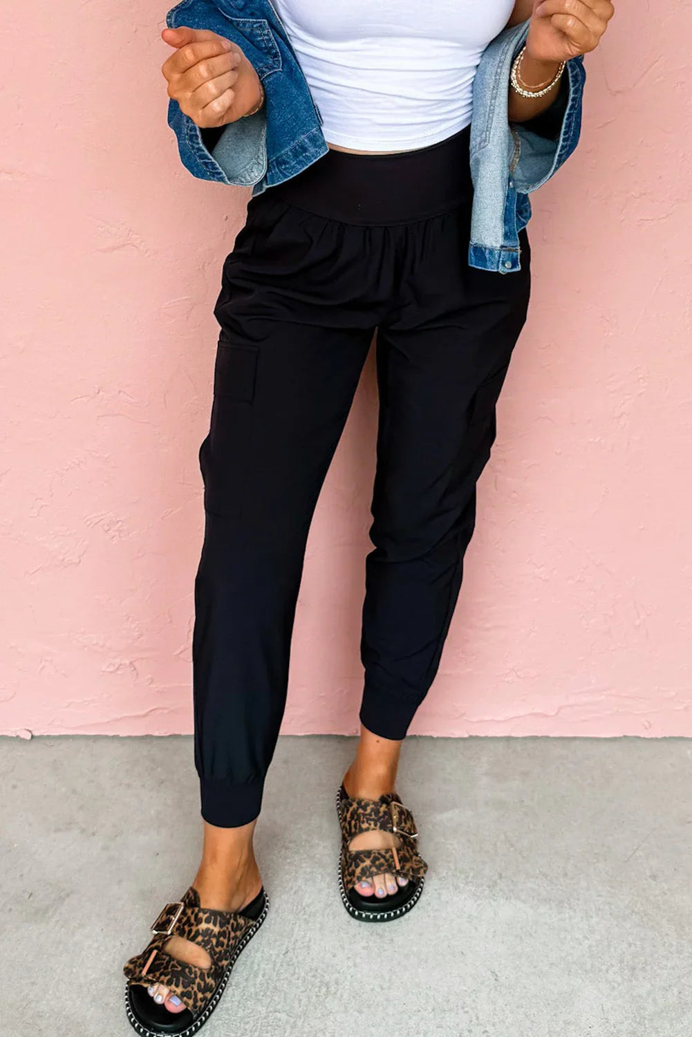 Black Elastic High Waist Pocketed Cargo Jogger Pants
