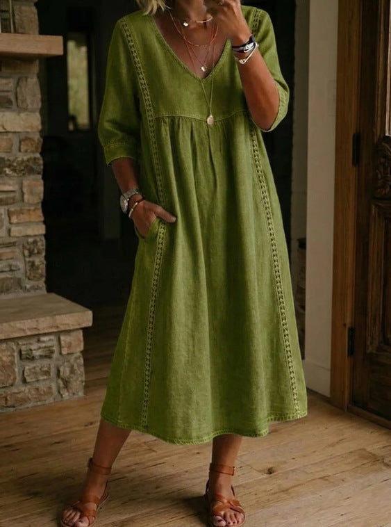 Women's Linen Cotton V-Neck Dress – Lace Trim, Loose Fit, 7 Colors