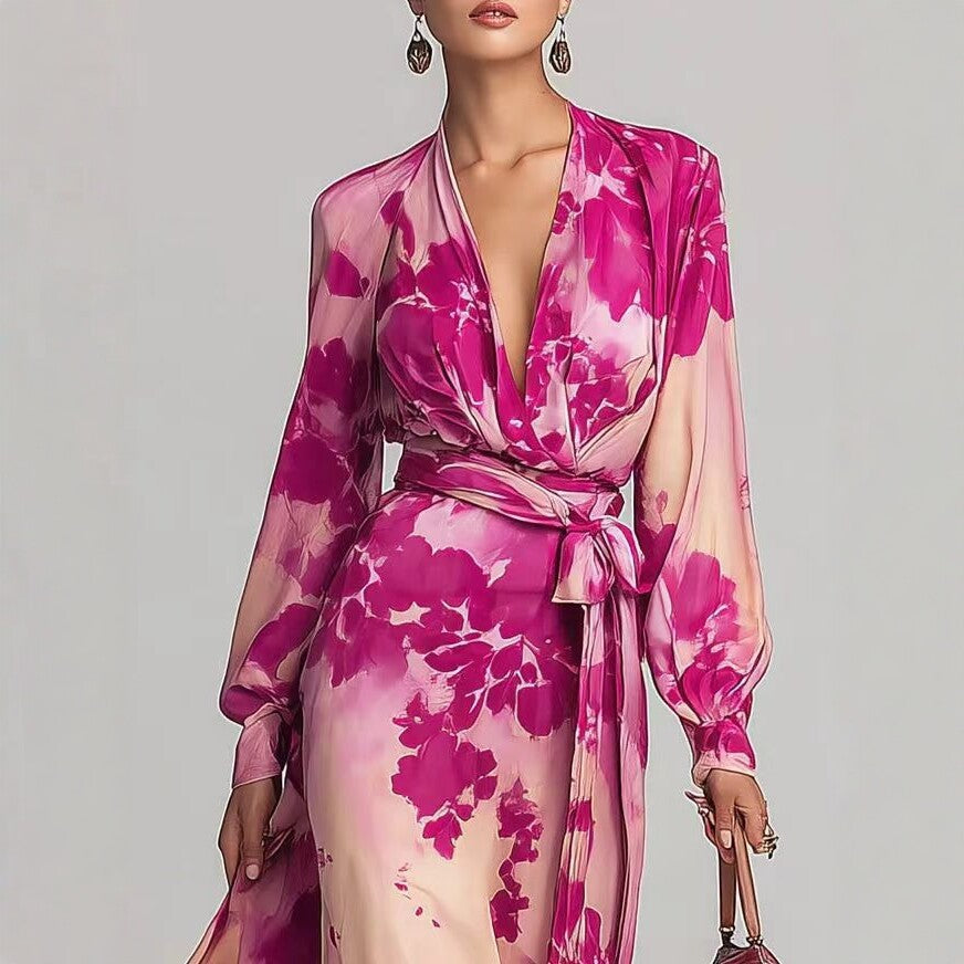 Women's Printed Chiffon Long Sleeve V-Neck Tie-Up Maxi Dress — Floral Fairy Dress