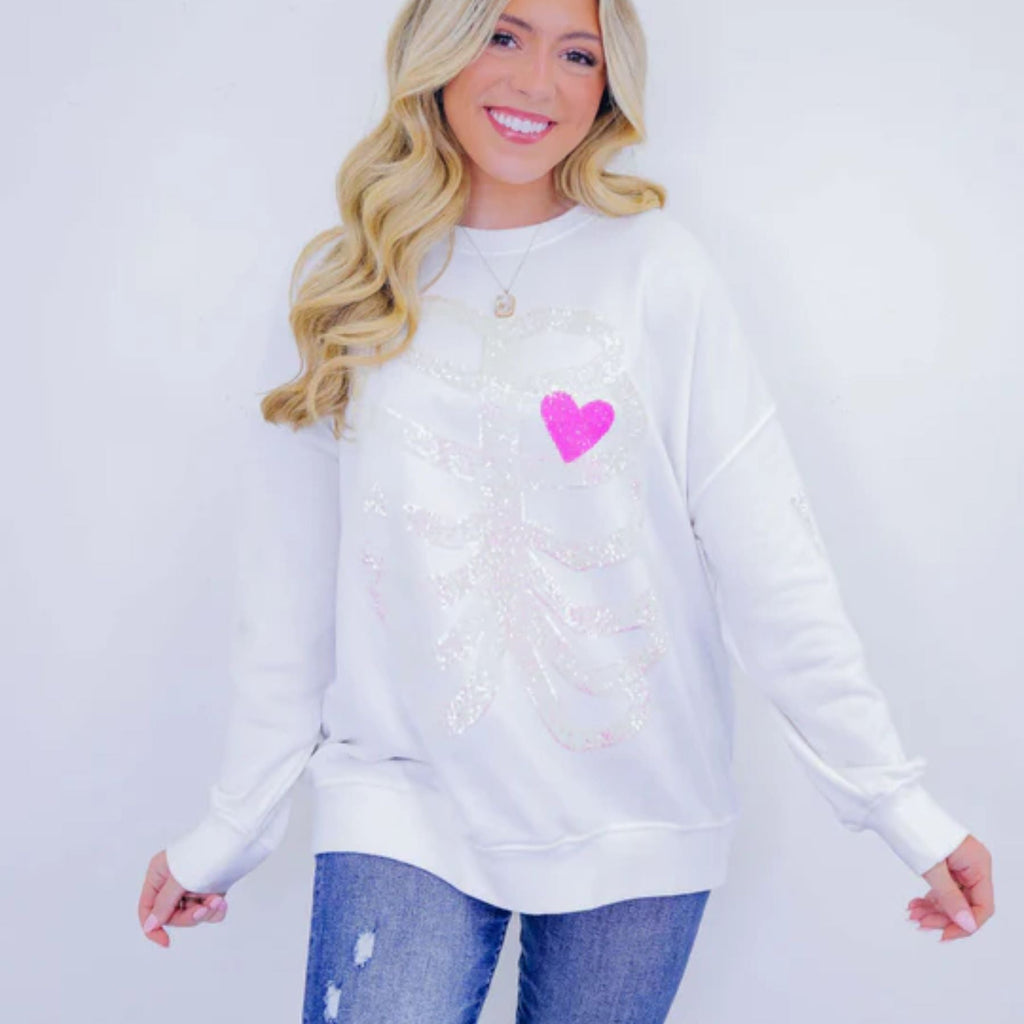 Sequin Skeleton Halloween Sweatshirt for Women – Spooky Casual Crew Neck Pullover, Long Sleeve Fall Streetwear