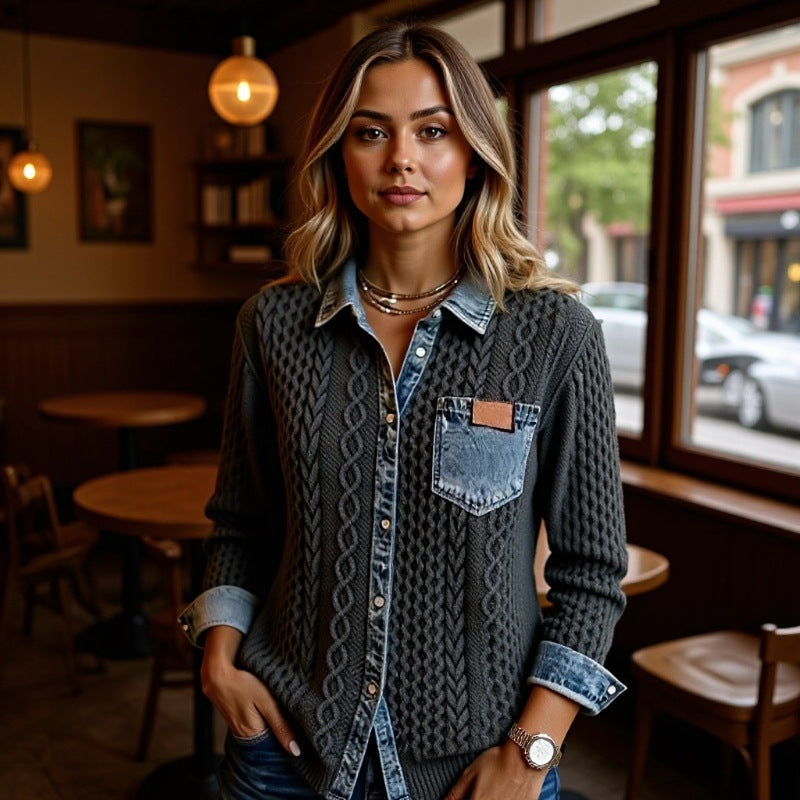 Women's Fashion Knit-and-jean Patchwork Shirt For Fall And Winter