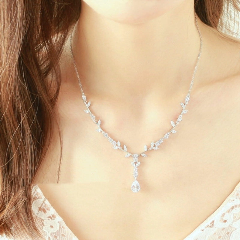 Simple Bridal Zircon Wedding Handmade Ornament Necklace And Earrings Suite