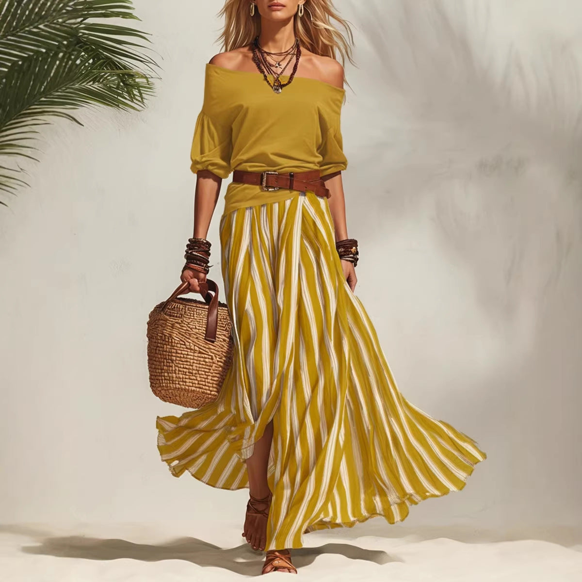 Women's Off-Shoulder Top & Slit Maxi Skirt Set