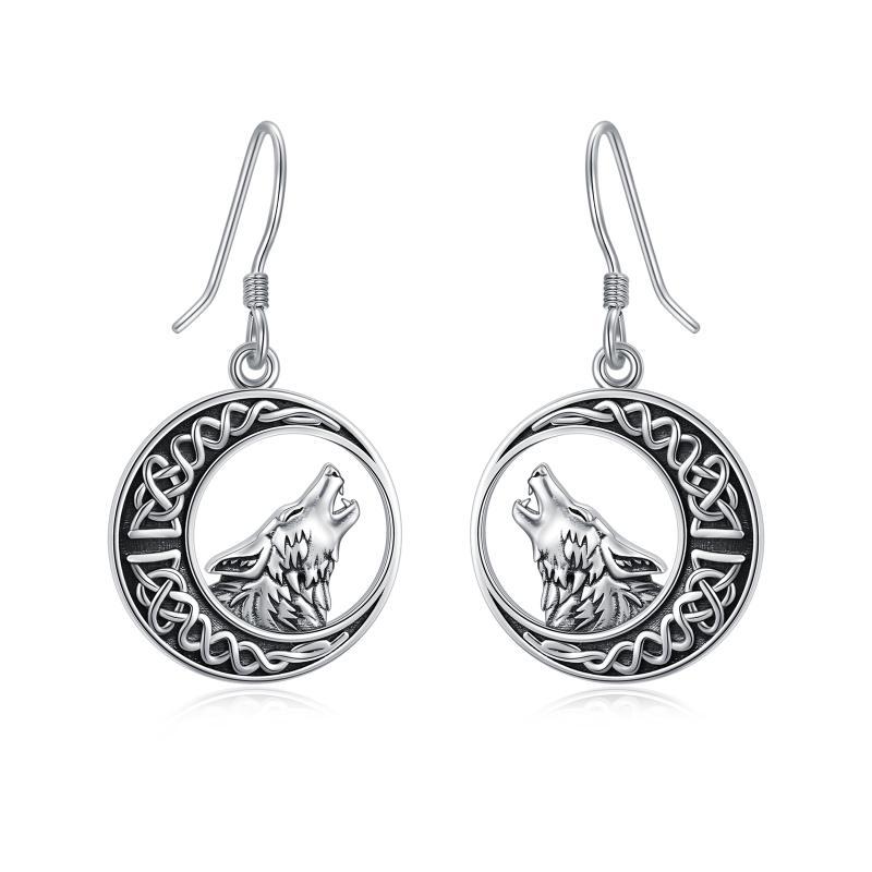 Wolf Celtic Moon Dangle Drop Earrings in Sterling Silver