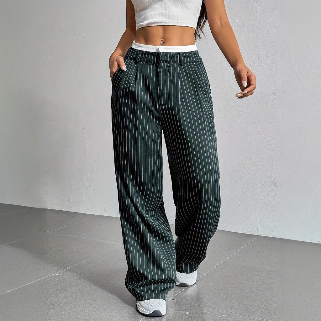 Stripe Printed Trousers Fashion High Waist Straight Leg Pants With Pocket Zipper Casual Suit Pants For Women