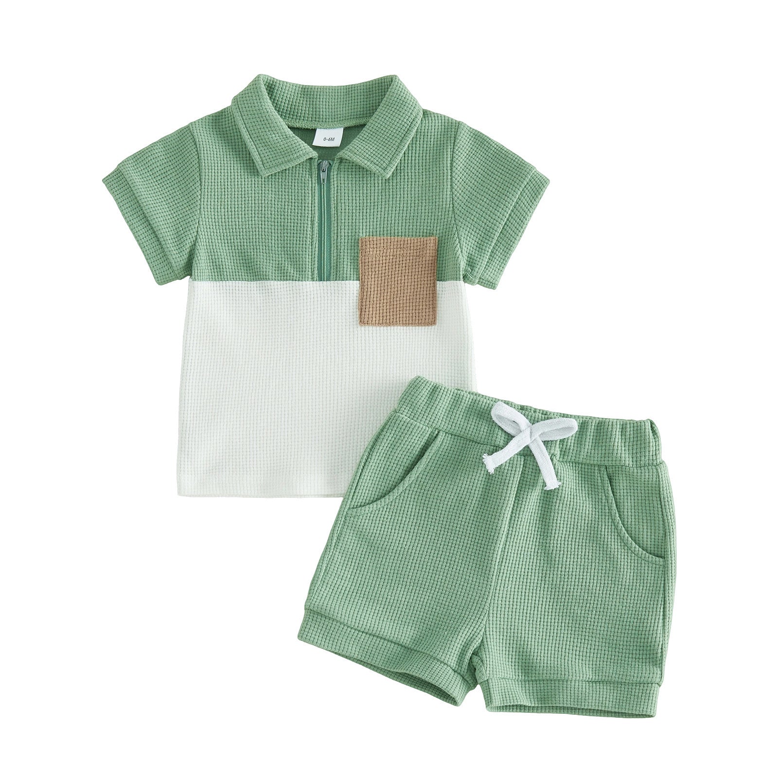 Waffle-pattern Set Lapel-zip Top And Shorts