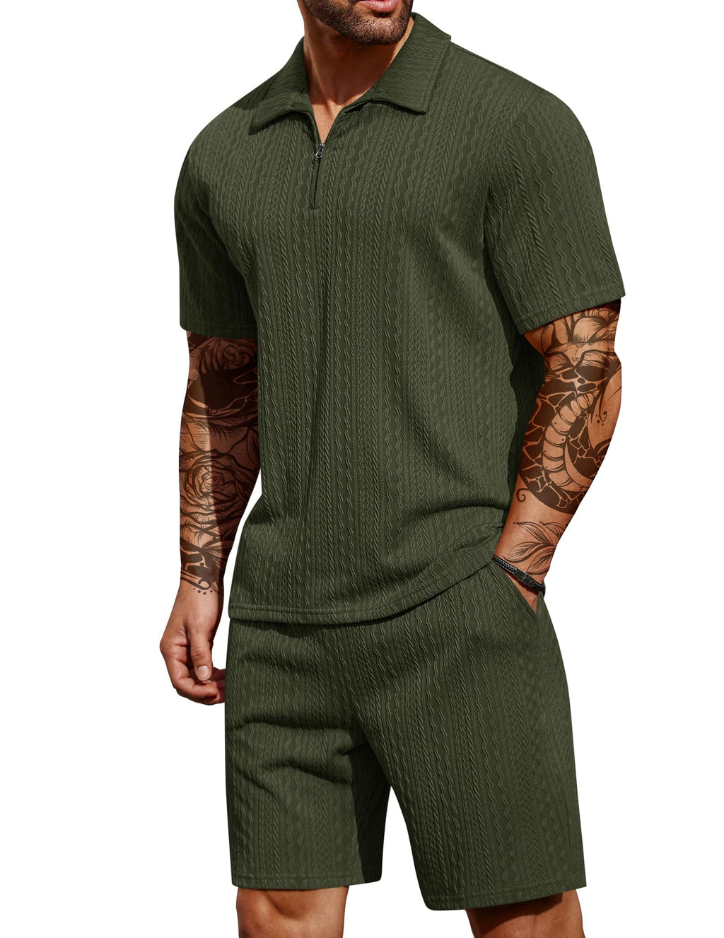 COOFANDY Men's 2 Pieces Outfits Casual Quarter Zip Polo Shirt and Shorts Set Athletic Jogging Summer Tracksuit
