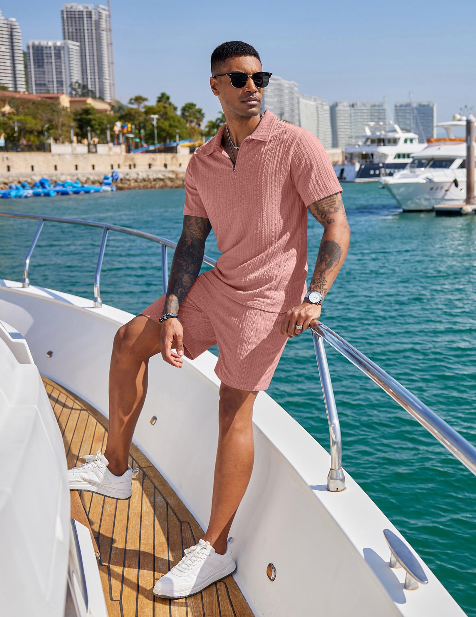COOFANDY Men's 2 Pieces Outfits Casual Quarter Zip Polo Shirt and Shorts Set Athletic Jogging Summer Tracksuit