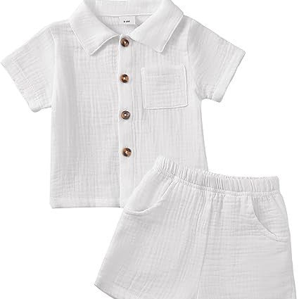 Baby Boy Cotton-Linen Solid Color Textured Fabric Lapel Collar Short-Sleeve Top Elastic Waist Shorts Set