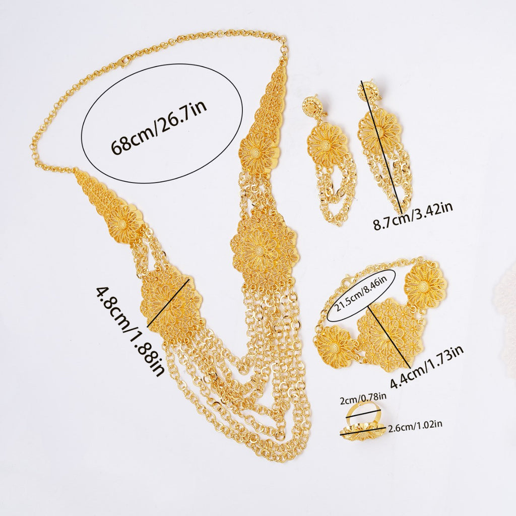 24K Gold Flower Necklace Earring Ring Bracelet Set