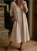 Women's Linen Cotton V-Neck Dress – Lace Trim, Loose Fit, 7 Colors