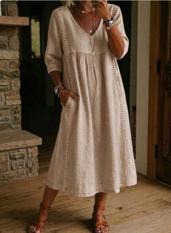 Women's Linen Cotton V-Neck Dress – Lace Trim, Loose Fit, 7 Colors