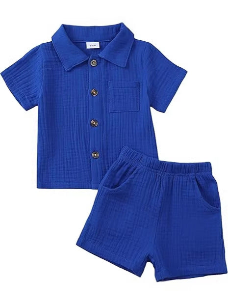 Baby Boy Cotton-Linen Solid Color Textured Fabric Lapel Collar Short-Sleeve Top Elastic Waist Shorts Set